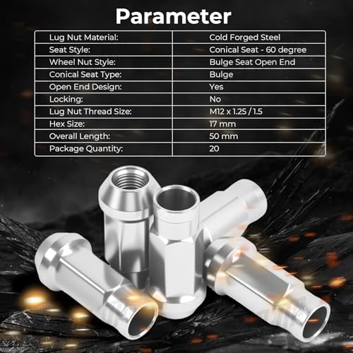 20pcs Silver Cold Forged Steel 12mm*1.5 Lug Nuts Extended Tuner Wheel Nuts Modified Nuts Open End Compatible with Various Types of Vehicles 12x1.5 20