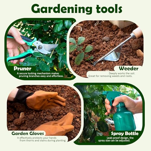 BlingKingdom 9-Piece Garden Tools Set, Stainless Steel Gardening Hand Tool Kit with Tote Bag Easy Storage Perfect Gardening Gifts for Beginners, Women and Men