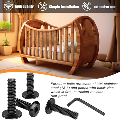 Taiss 55pcs 1/4-20x1/2" Flat Head Socket Head Screw,Furniture Bolts,Furniture Screws 304 Stainless Steel,1/4 Bolts Black Zinc Plated Fully Threaded,Countersunk Connector Screws with Hex Spanner