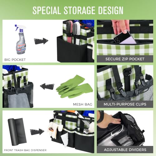SCAVATA Wearable Cleaning Caddy, Cleaning Caddy Supplies Organizer with Handle & Shoulder Straps for Housekeepers, Under Sink & Car Cleaning Tool Organizers Bag with 4 Foldable Divider (GreenPlaid) GreenPlaid