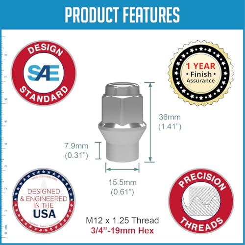 Wheel Accessories Parts 20 Pcs M12x1.25 12x1.25 Thread ET Bulge Acorn (Extra Thread) 1.42" Long Lug Nuts Chrome 3/4" 19mm Hex Fits Most Subaru Nissan Pass Cars ET Hex