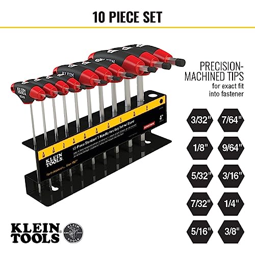 Klein Tools JTH410E T-Handle Hex Key Set, SAE Inch Sizes Allen Wrench Set with 4-Inch Blades, Stand Included, 10-Piece 4-Inch Blade