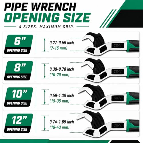 4PC Adjusting Wrench Set with Case, 6 8 10 12 Inch Multi-function Universal Magic Wrench, CR-V Steel for 0.47-1.18 Inch (7-43MM),Self locking Wrench,Pipe Wrench Set, Fittings and Nuts Green Extra Large