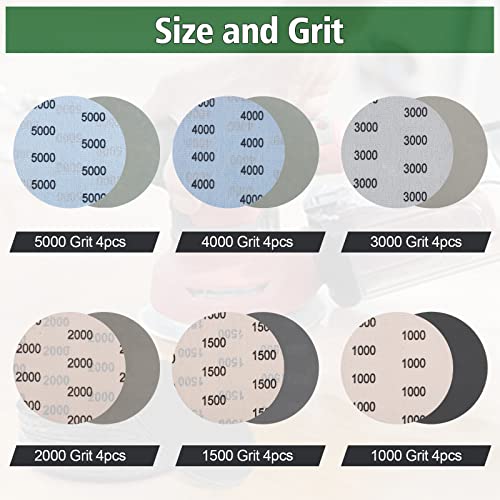 JatilEr Sandpaper 125 mm Velcro, Pack of 24 Sanding Discs Without Hole | Grit 1000/1500/2000/3000/4000/5000, Sanding Pad Round Wet Dry, Random Orbital Sander Set for Car Metal Wood