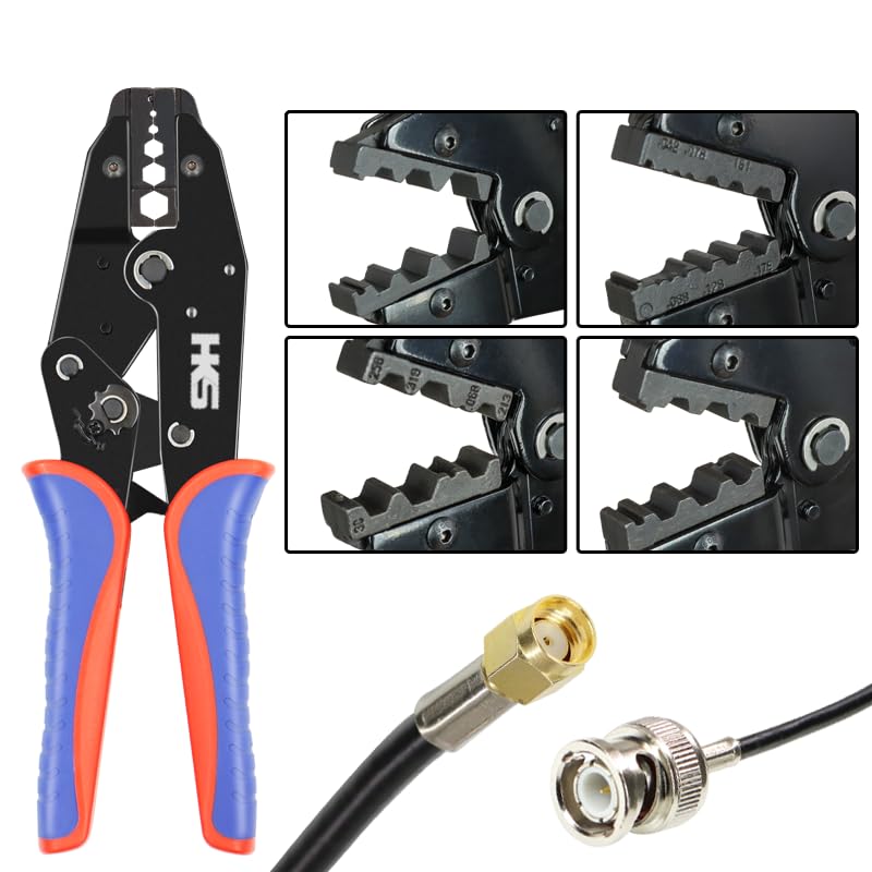 HKS Coax Ratchet Crimping Tool Set for Coaxial RG Cable RF Connector with 5 Changeable Dies Crimper with 5 Dies