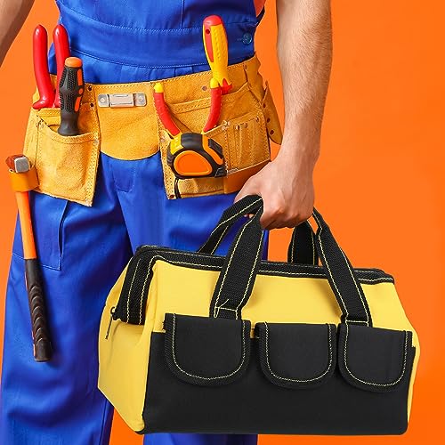 Sanwuta 9 Pcs Tool Bag for Men 3 Heavy Duty Wide Mouth Tool Bags and 6 Small Waterproof Pouch Tote for Electrician Carpenter Mechanic Father's Day Christmas Gifts(16 Inch,Blue Red Yellow) Blue Red Yellow 16 Inch
