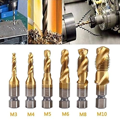 MAGT Tap Set, 6 Pieces Metric Thread M3-M10 Tap Cutter Set Titanium Coated HSS Drill Bits Set 1/4 Inch Hex Shank