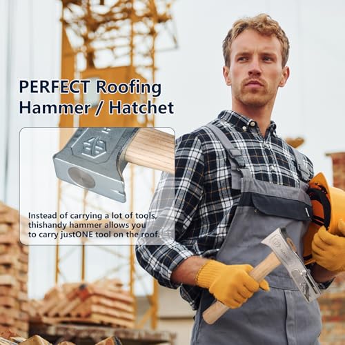 Magnetic Roofing Hammer with Sliding Gauge and Utility Knife,All-in-One Roof Repair Tool for Shingles, Felt Caps and Nails,Efficient Magnetic Hatchet for Professional and DIY Roofing