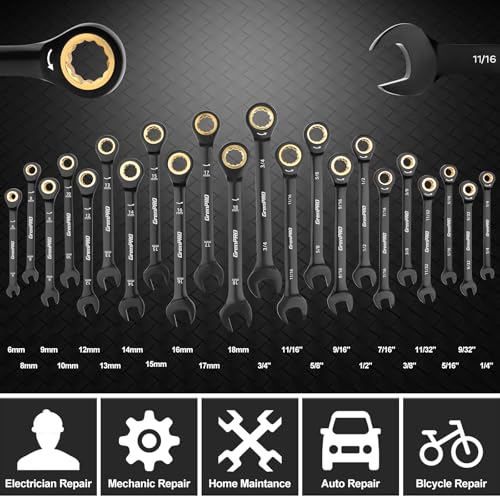 GRENPRO 23PCS Ratcheting Combination Wrench Set SAE Metric Mechanic Tools 23PCS Ratcheting Wrench Set (Metric&SAE)