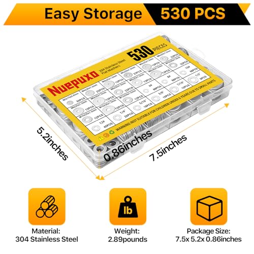 530PCS Flat Washers Assortment Kit, 304 Stainless Steel Washers 530PCS (Metric+SAE)
