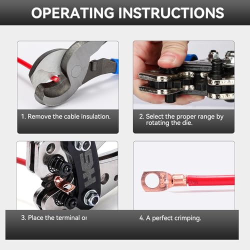 HKS Battery Cable Crimping Tool Kit – Heavy Duty Wire Crimper for AWG 10-1, Includes 60pcs Copper Ring Terminals & 60pcs 3:1 Heat Shrink Tubing, Ideal for Battery Cables HX-50B Crimper + 60pcs Lugs