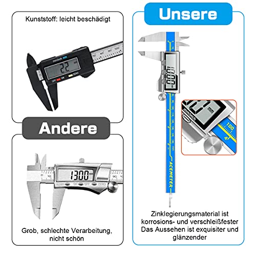 Orthland Vernier Caliper Digital Gauge Stainless Steel Waterproof Dustproof Measuring Tool with Replacement Battery for Household and Industrial Measuring 150 mm blue