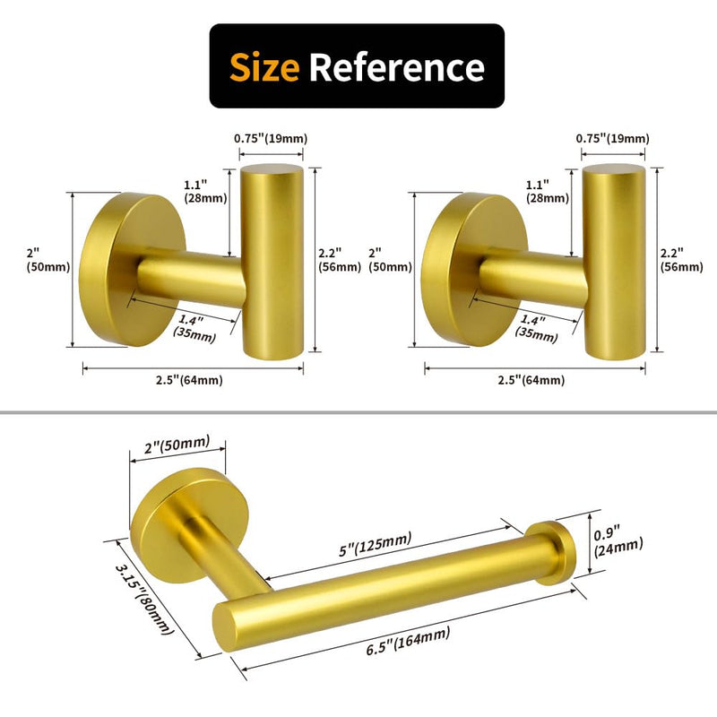 3-Pieces Bathroom Hardware Set Gold Stainless Steel Wall Mounted - Includes Toilet Paper Holder, 2X Robe Towel Hooks
