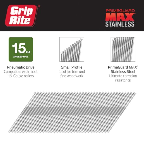 Grip-Rite PrimeGuard Max MAXB64883, FN Finish Nail 15GA, 2", 304 Stainless Steel, 1000 Nails, Clamshell Packaged