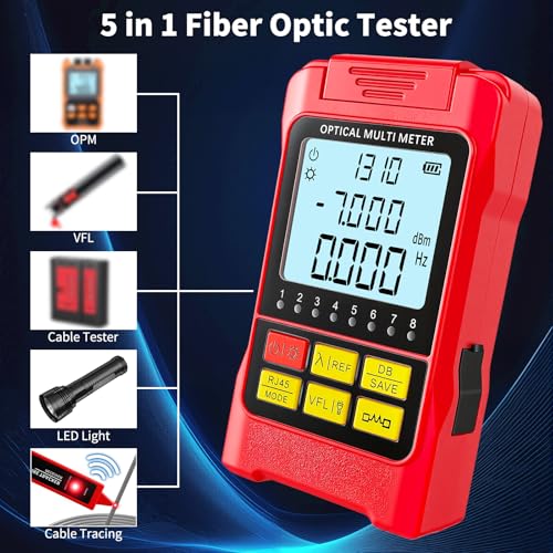 Portable 5-in-1 Fiber Optic Cable Tester with Optical Power Meter, Cable Finder, Visual Fault Locator & RJ45 Network Cable Test, SC/FC/ST Universal Interface with LC Adapter Red
