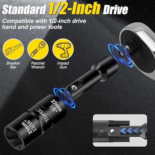 Topec Flip Lug Nut Removal Tool, 5 Piece Wheel Lock Removal Kit, 1/2" Drive Lug Nut Remover, 17-27mm Extractor Socket Set for Stripped, Rounded, Damaged Bolts 5PCS 17-27mm
