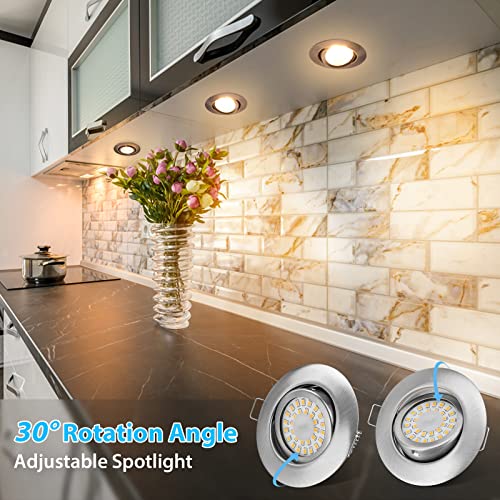 LED Recessed Spotlight, 230 V, Flat, Dimmable LED Spotlights, 6 W, IP44, Bathroom Recessed Lights, Ceiling Spotlights, Warm White, 3000 K, Swivelling Recessed Spotlights for Bathroom, Kitchen, Living Nickel-warm White 3000 K Set of 6