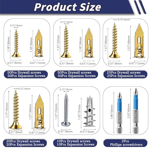 310PCS Self Drilling Drywall Anchors with Screws Kit, Wall Anchors for Drywall, 5-Sizes Metal Expansion Bolt for Dry Wall,155 PCS Sheetrock Anchors and 155 PCS Screws-No Drill Needed 310