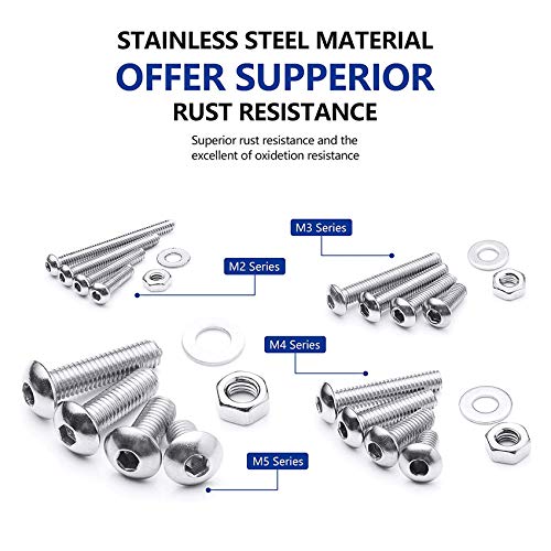 NINDEJIN M2 M3 M4 M5 Stainless Steel Hex Socket Head Cap Screw Bolts & Flat Washers & Nuts Assortment Kit (Socket Head + Round Head)