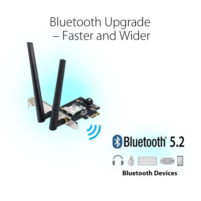 ASUS AX1800 PCIe WiFi Adapter (PCE-AX1800) - WiFi 6, Bluetooth 5.2, Ultra-Low Latency Wireless, 2 External Antenna, Supporting Total Data Rate up to 1800Mbps, WPA3 Network Security, OFDMA and MU-MIMO WiFi 6 AX1800 | BT5.2