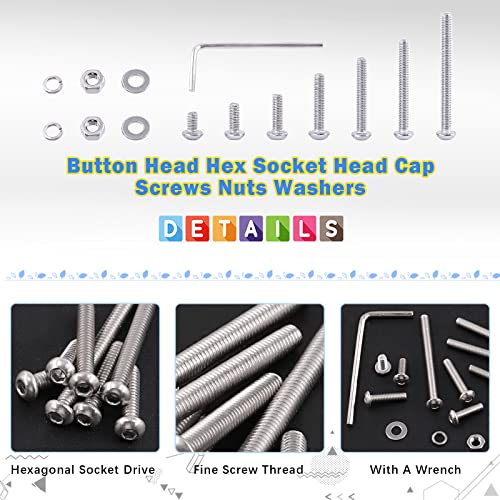 Glarks 260Pcs 13 Size M6 304 Stainless Steel Button Head Screws Hex Socket Cap Screws Bolts and Nuts Washers Assortment Kit with Hex Wrench for Machinery Furniture Car Repair M6 screw assortment kit