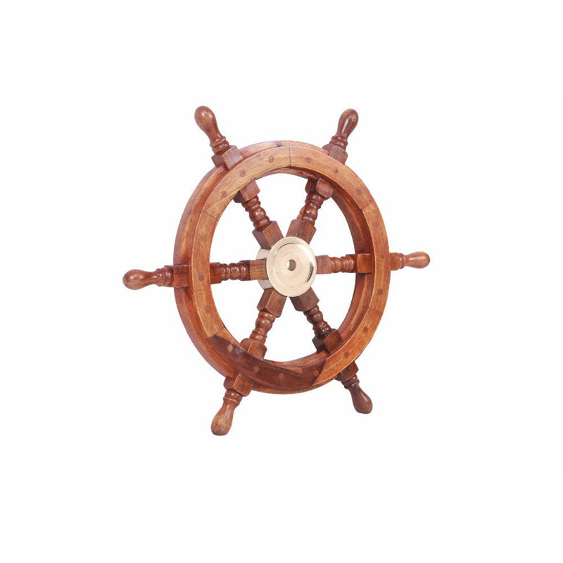 TUP THE URBAN PORT 12" Teak Wood Ship Wheel with Brass Inset and Six Spokes, Brown and Gold 12" Inch