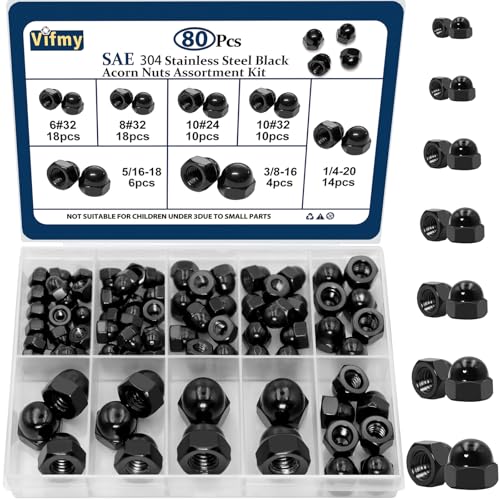 SAE Black Stainless Steel Acorn Nuts Assortment Kit (80Pcs) & Vifmy 304 Stainless Steel Acorn Nuts Assortment Kit(100PCS)