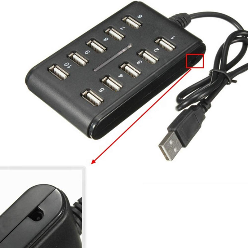 Xiaokeis 10-Port USB 2.0 Hub - Powered, Portable with Fashion Appearance, Suitable for Household Usage, Mini USB Port Can be Space Saving (Black) Black