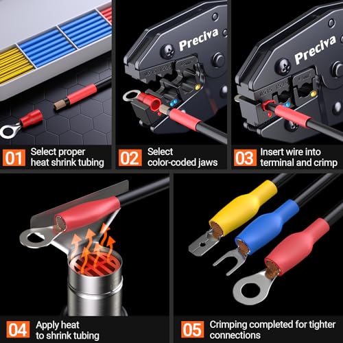 Preciva Crimping Tool with 490PCS Insulated Terminals and 110 Heat Shrink Tubes, AWG 20-10 Ratchet Crimping Pliers with Storage Case for Car, Electric