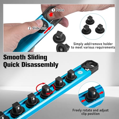 DURATECH 6PCS 1/4", 3/8", 1/2" Magnetic Socket Organizer Set with 64 Clips