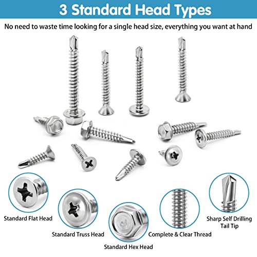 410 Stainless Steel Self Tapping Screws for Metal, #8#10 Self Drilling Assortment Set, 425PCS Truss, Hex & Flat Head Sheet Metal Screws, Length 1/2" to 2" Silver