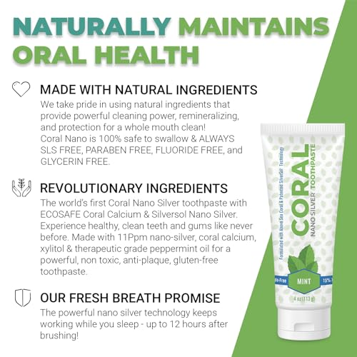 Coral White Nano Silver Mint Toothpaste, Natural Fluoride Free Teeth Whitening Toothpaste, Coral Calcium Nano Silver Infused SLS, Glycierin Free 4 Ounce (2 Pack) 4 Ounce (Pack of 2)