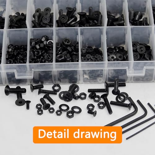 1715Pcs M2 M3 M4 M5 Screw Kit - 3D Printer Mini Screw, Allen Head/Flat Head/Countersunk Bolt/Screws, Metric Bolts Assortment, Black Nuts and Bolts for Mechanical Hardware M2/3/4/5-1715Pcs