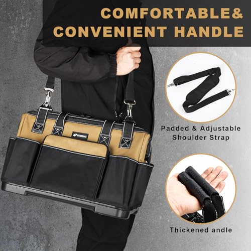 20 IN Large Tool Bag For Men Heavy Duty, Drill Bag Tool Bag Organizer, Wide Mouth Waterproof Hard Bottom Multiple Pockets Tool Tote, Tool Caddy, Maintenance 20 Inch
