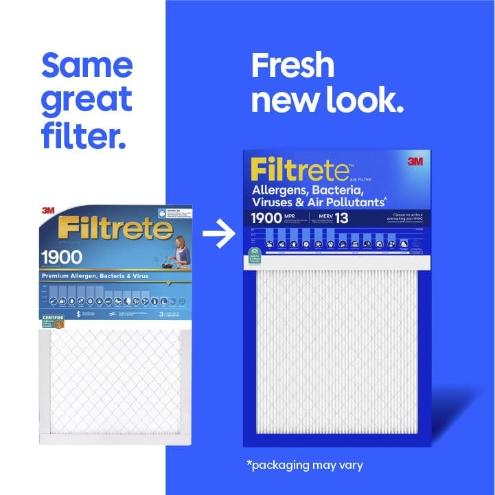 Filtrete 20x24x1 Air Filter, MERV 13 MPR 1900, Allergens, Bacteria, Viruses & Air Pollutants, 3-Month AC/Furnace Filters, Cleaner Air Reliable Airflow, 2 HVAC Filters(Act Size 19.81x23.81x0.78 in)
