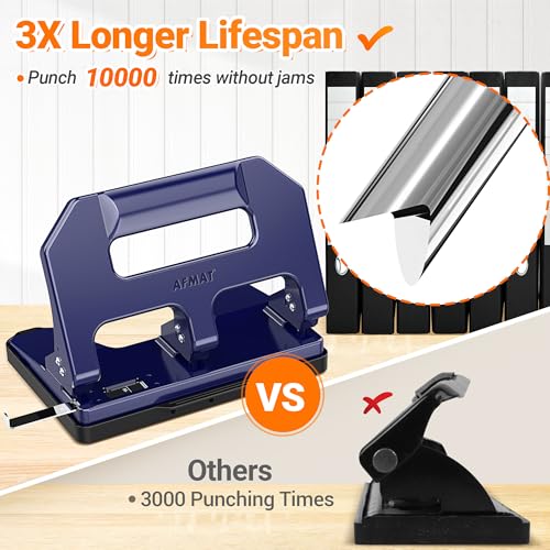 AFMAT Heavy Duty 3 Hole Punch, 3 Hole Puncher for Binder, 40-Sheet Three Hole Punch w/ 10000+ Uses, Metal Hole Puncher 3 Ring, 50% Reduced Effort, 9/32inch Hole, Bulit-in S.S. Paper Guide HPX1 (Blue) Blue