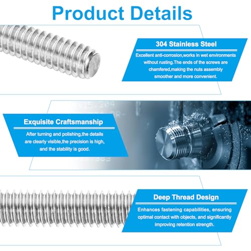 PATIKIL 1/2"-13 UNC 304 Stainless Steel Fully Threaded Rod, 3Pcs 15.7" Length Long Threaded Screw Right Hand Threads All Threaded Rod Studs for Anchoring Bolt, Clamps, Hangers and U-Bolts 1/2"-13 x 15.7" 3