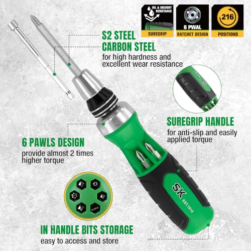 SK 22-in-1 Ratcheting Screwdriver with Nut Drivers, Multi Bit Screwdriver