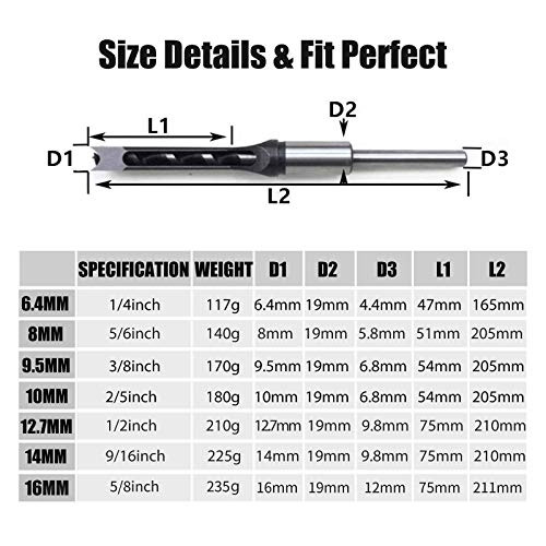 Woodworking Square Hole Drill Bits, Wood Mortising Chisel Set Wood Square Hole Mortising Chisel Drill Bits for Mortising Machines and Drill Press Attachments,7pcs: 1/4,5/16,3/8,2/5,1/2,9/16,5/8