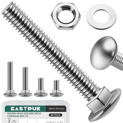 60Pcs 1/4-20 Carriage Bolts Assortment Kit with Nuts and Washers & 152 PCS 2lb, Deck Screws 2-1/2 Inch, Wood Screws #10x2-1/2, Torx/Star Drive Head Deck Screw, T25 Star Bit Included, Carriage