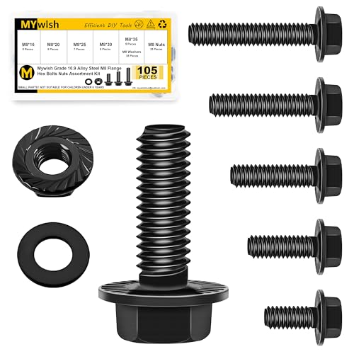 Mywish M8 x 70mm 20Pcs Flat Head Hex Socket Cap Screws Bolts & 105Pcs M8x1.25 Bolt x 16/20/25/30/35mm Flanged Hex Head Bolts, M8 Flange Hexagon Screws Serrated Flange Nuts and Bolts Assortment Kit, Bl
