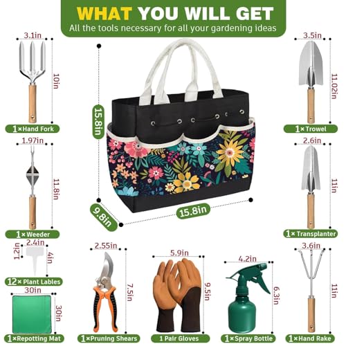 22Pcs Gardening Tools Set for Women Heavy Duty Garden Hand Tool Kit Birthday Gifts for Mom Her Wife Grandma Beginner Gardening Accessories with Tote Bag/Shovel/Repotting Mat/Plant Labels/Gloves-Black Black