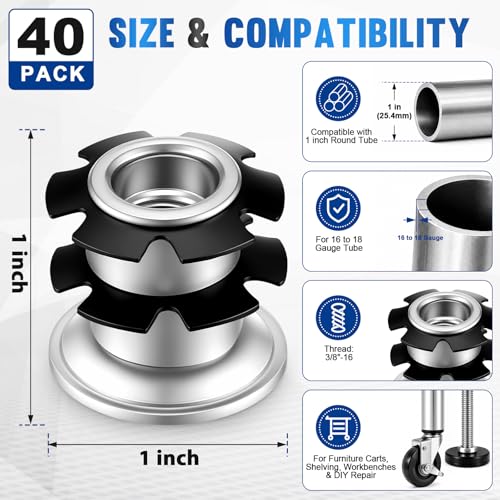 Shimeyao 40 Pieces Threaded Tube Inserts Compatible with 1 Inch Round 16 to 18 Gauge Tube, Thread: 3/8-16 for Furniture Carts Shelving Workbenches DIY Repair