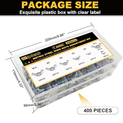 Siptenk Wing Nuts 400PCS Metric & SAE Wingnuts Carbon Steel Zinc Plated 400 SAE & Metric