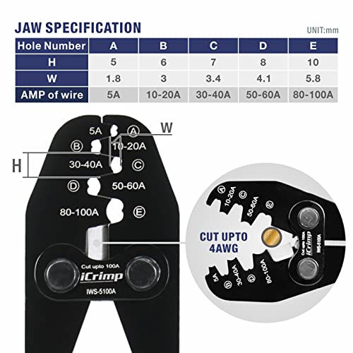 iCrimp Battery Cable Lug Crimping Tool for Open Barrel Lug for AWG 13-3 IWS-5100A