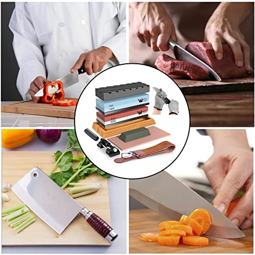 Knife Sharpening Stone Kit – 400/1000 3000/8000 Grit Wet Kitchen Whetstone Knife Sharpener Set with Non-slip Bamboo Rubber Base, Angle Guide, Flattening, Leather Strop and Cut Resistant Gloves 12 in 1