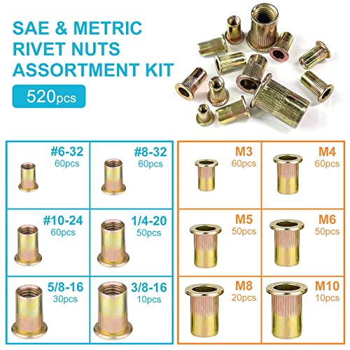 Trivd Frol 520PCS SAE & Metric Rivet Nut Kit, 6-32 to 3/8-16, M3 to M10