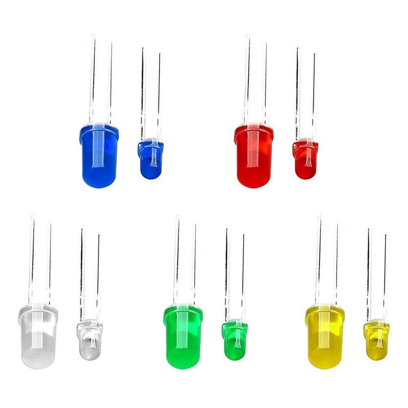 MINGZE LED light diode set, 3 mm 5 mm diodes electronic components light diodes round 2-pin electronic components with 5 colors red blue green yellow white (200 pieces)