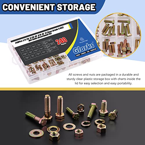 Glarks 240Pcs Grade 8 Coarse Thread Hex Bolts Nuts Screws Washers Assortment Kit, 1/4-20 5/16-18 3/8-16 Inch 12 Size Hex Head Cap Screws and Hex Nuts Flat Washers Lock Washers Set