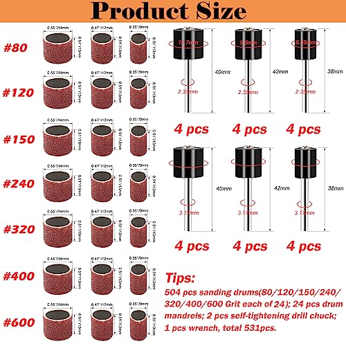 531Pcs Rotary Tool Sanding Drum Bits Kit for Dremel,80/120/240/320/400/600 Grit Each of 28 Pcs, Drum Mandrels 24Pcs-3 diameters (1/2", 3/8", 1/4"),Self-Tightening Drill Chuck 2Pcs,Wrench 1Pcs